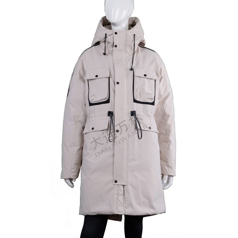 女士户外腰部抽绳长款羽绒服