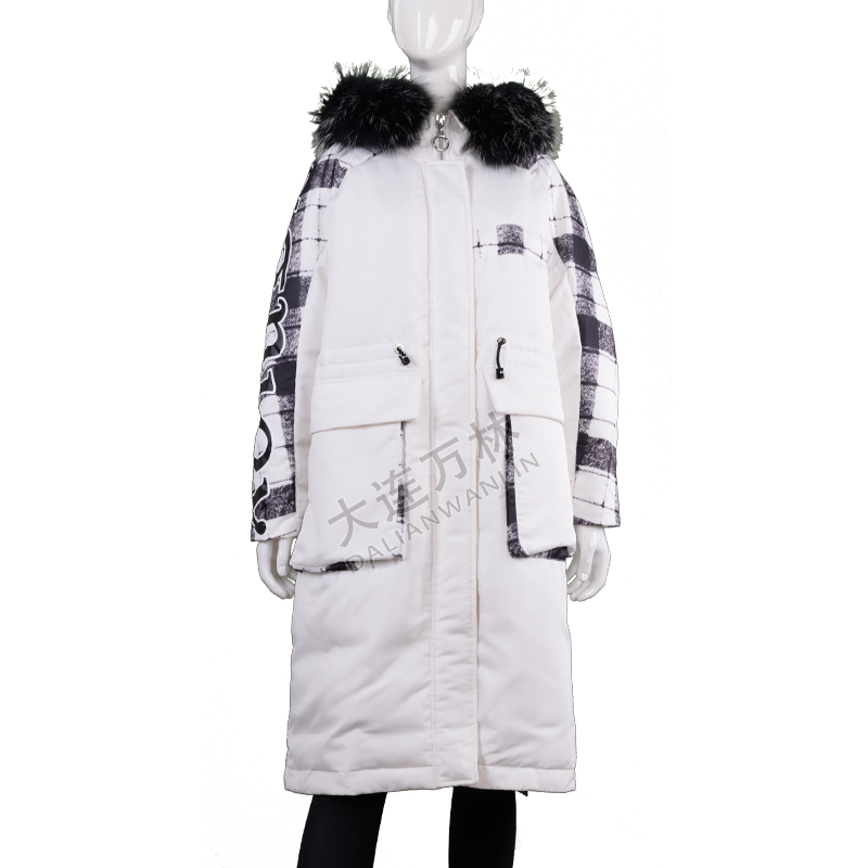 女士毛领拼色长款羽绒服