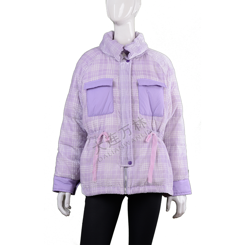 女士翻领拼接腰部抽绳羽绒服